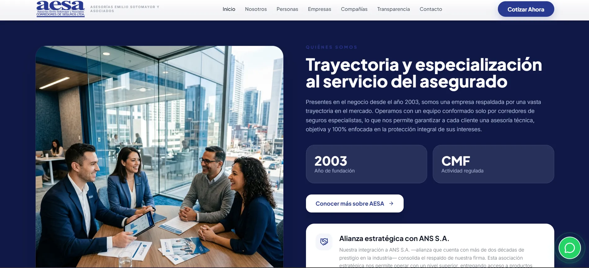 Captura de la sección de trayectoria, especialización y respaldo regulado de AESA Seguros