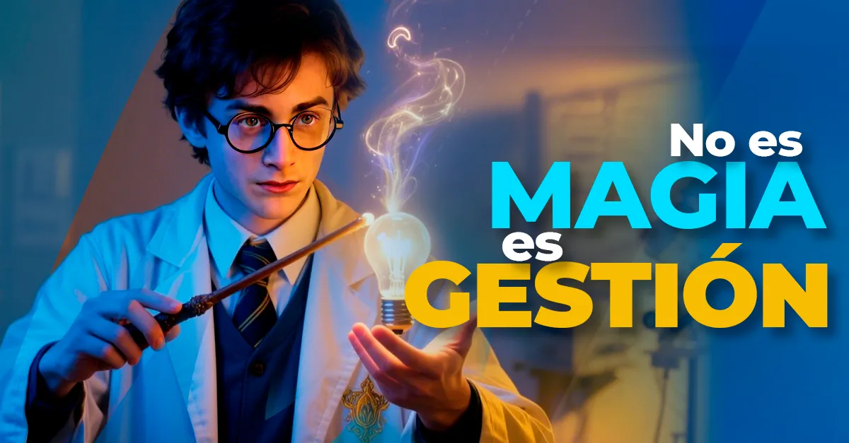 Pieza de campaña B-Health con un profesional sosteniendo una ampolleta y el titular No es magia, es gestión.